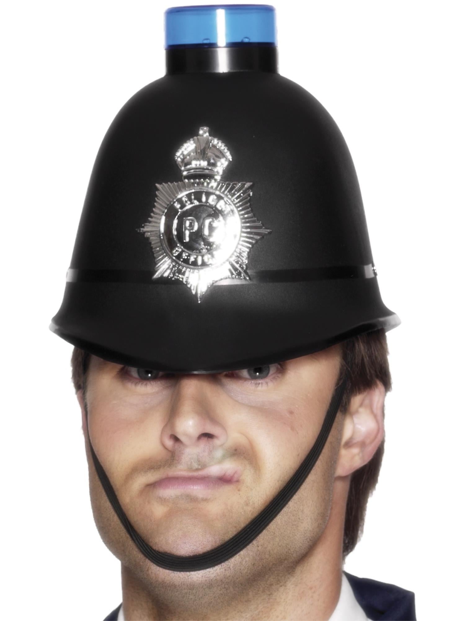 smiffys-fever-polizeihelm-schwarz-mit-blinklicht-sirene image 1
