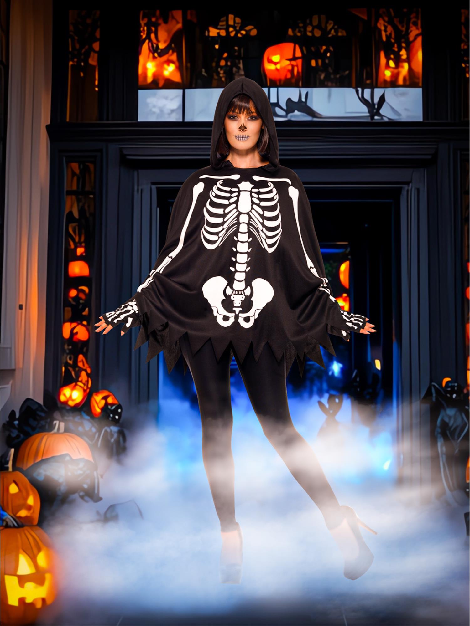 smiffys-fever-skeleton-kit-skelettkost-m-poncho-schwarz-unisex image 3