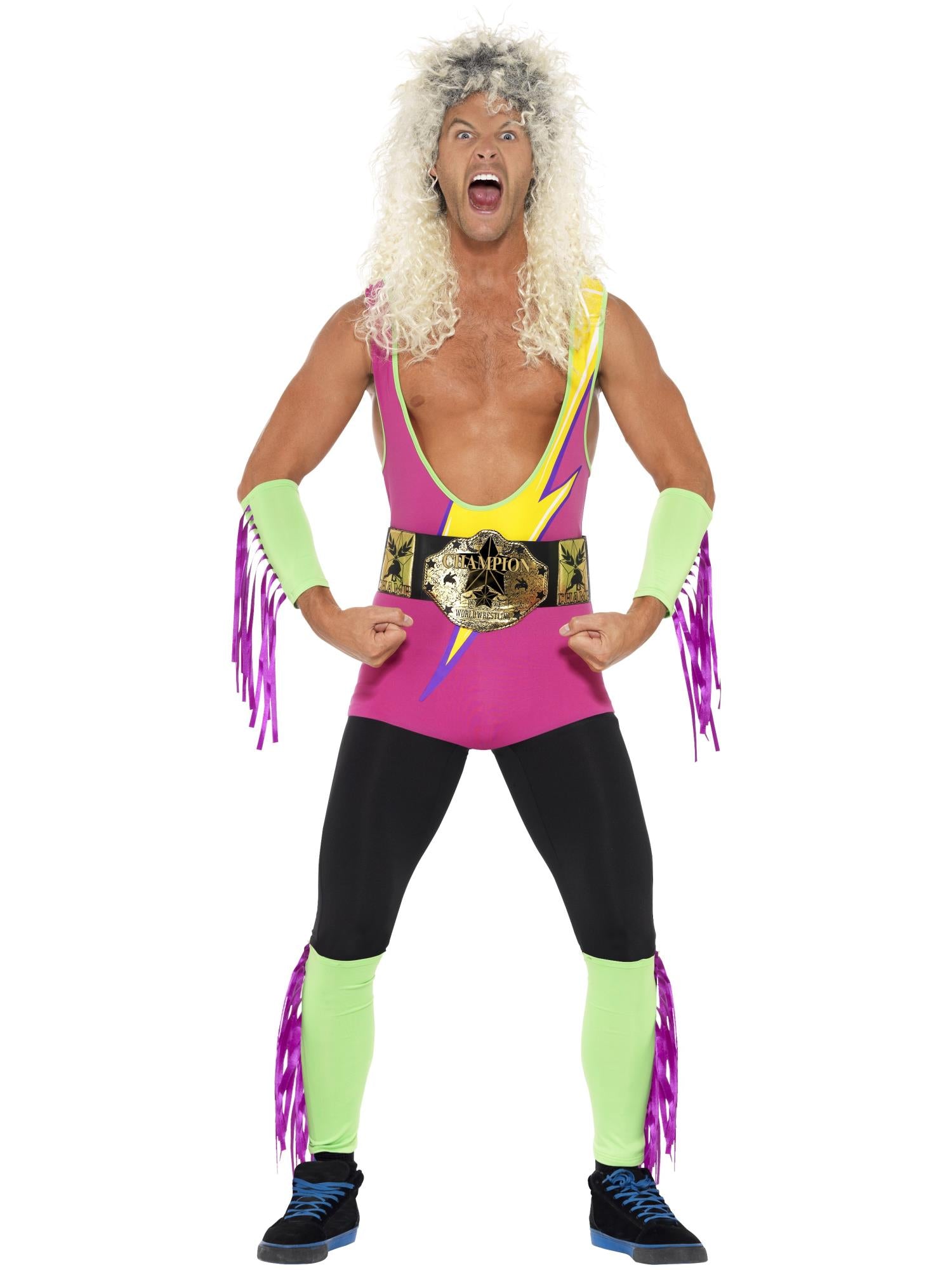 smiffys-fever-retro-wrestler-kost-m-herren-4-teilig-neon image 1