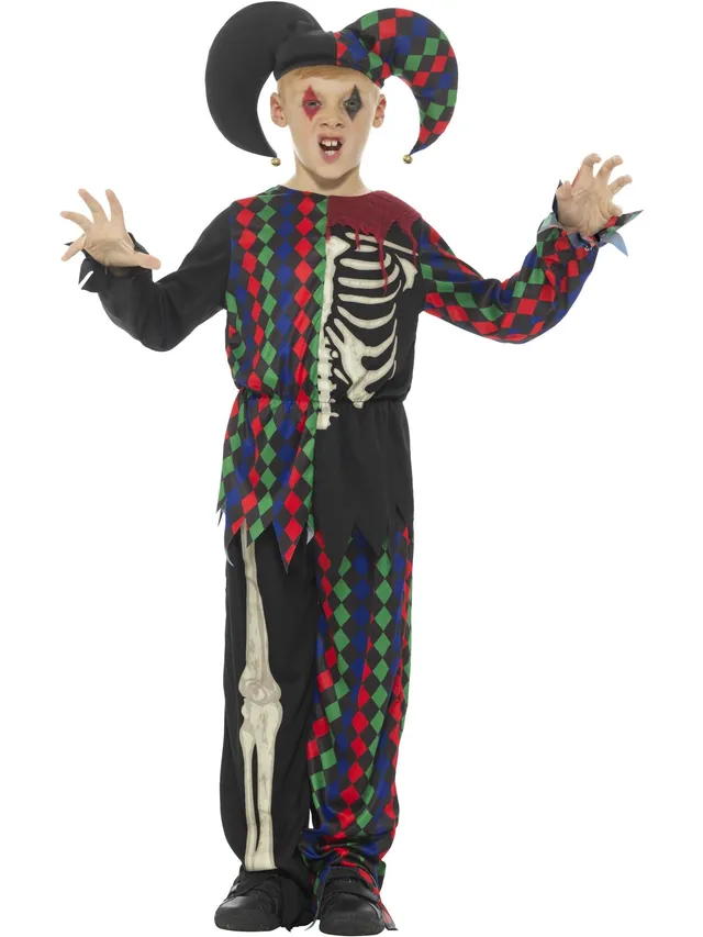 smiffys-fever-skeleton-jester-kost-m-bunt-kinder-mit-hut image 1