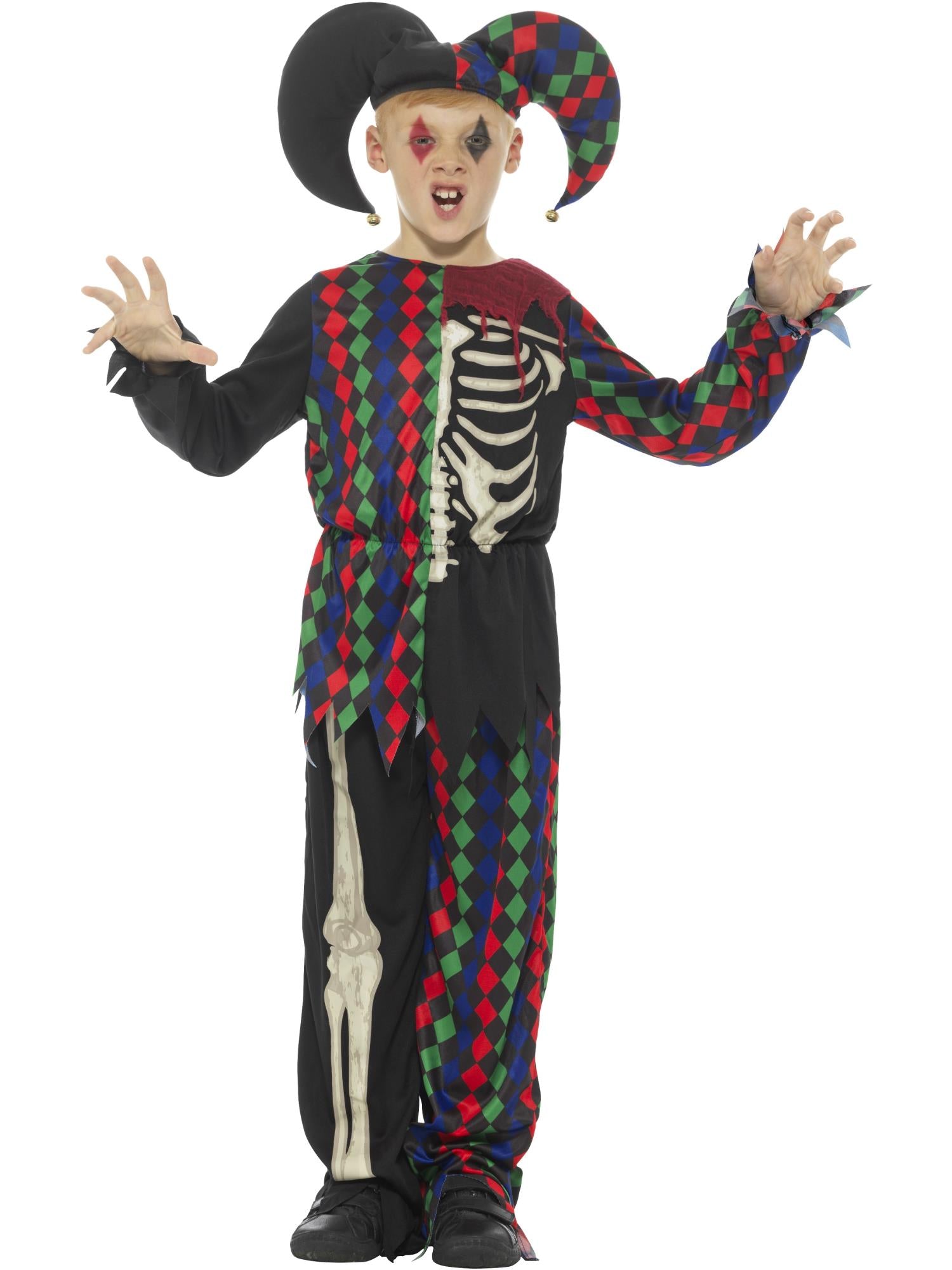 smiffys-fever-skeleton-jester-kost-m-bunt-kinder-mit-hut image 1