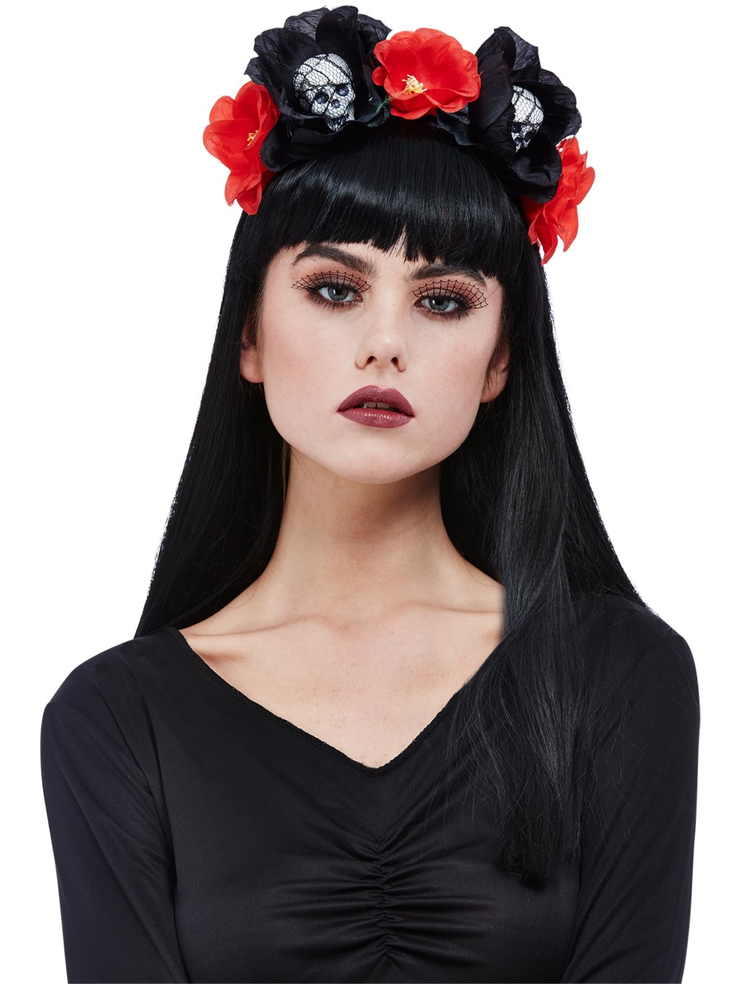 smiffys-fever-totenkopf-haarreif-rosen-schwarz-rot-damen image 1