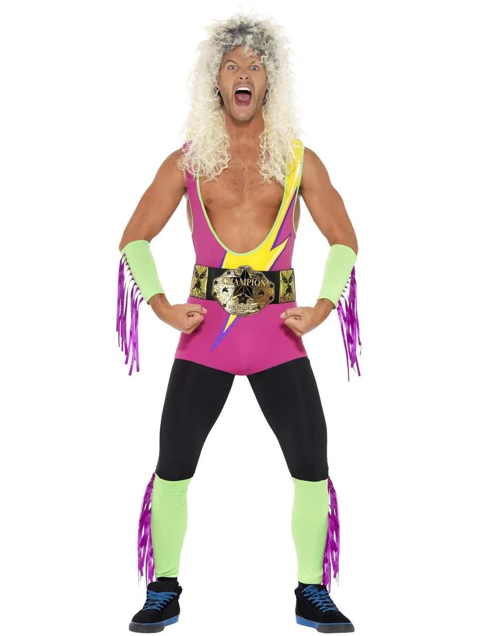 smiffys-fever-retro-wrestler-kost-m-herren-4-teilig-neon image 1