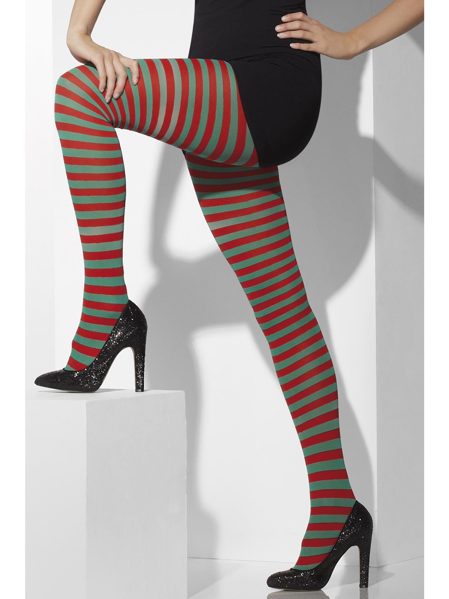 smiffys-fever-strumpfhose-rot-gr-n-gestreift-elfen-damen image 2