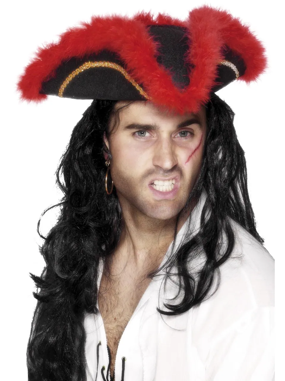 smiffys-fever-pirate-tricorn-hut-rote-feder-schwarz image 1