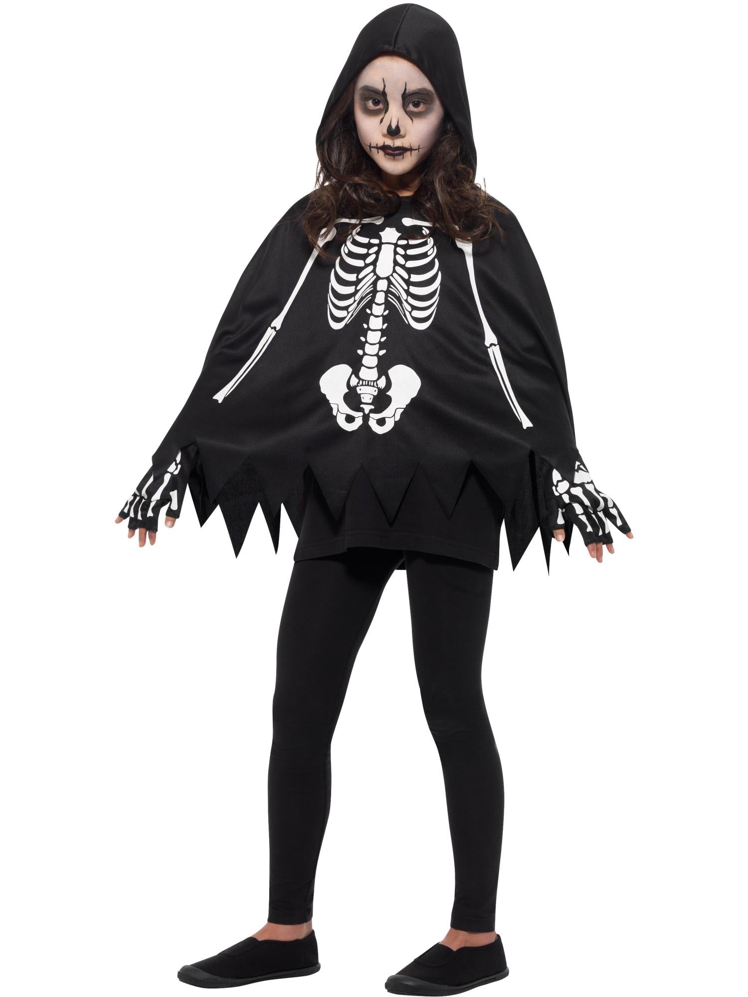 smiffys-fever-skelett-poncho-kinder-schwarz-mit-handschuhen image 1