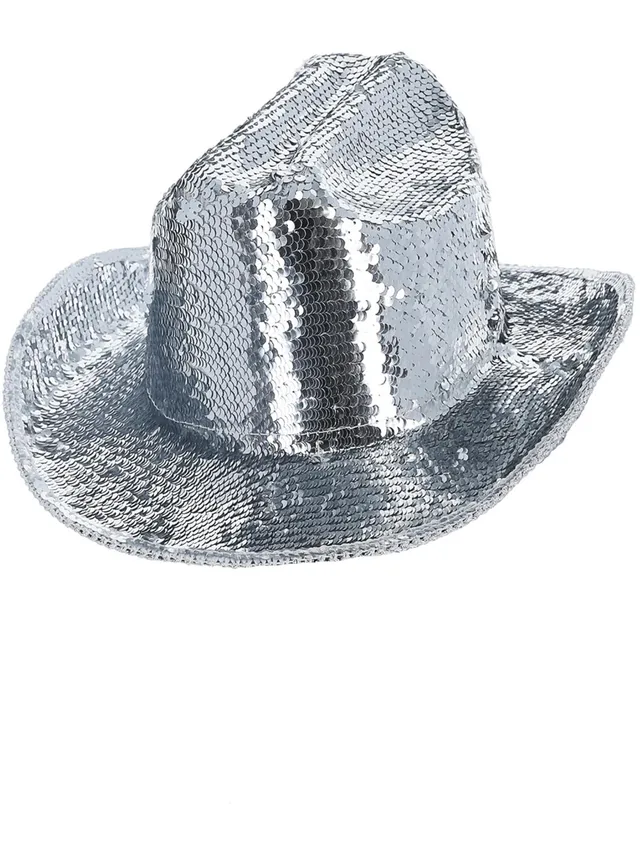 smiffys-fever-deluxe-sequin-cowboyhut-silber-paillettenhut-einheitsgr image 1
