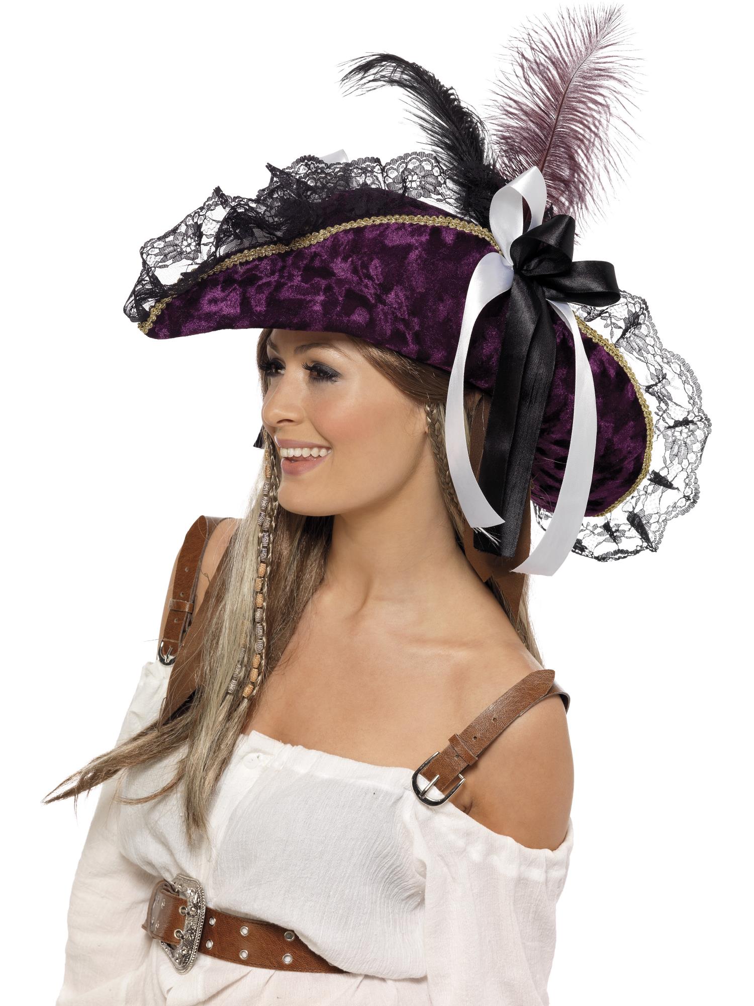 smiffys-fever-piratenhut-lila-damen-dreispitz-mit-feder-einheitsgr image 2