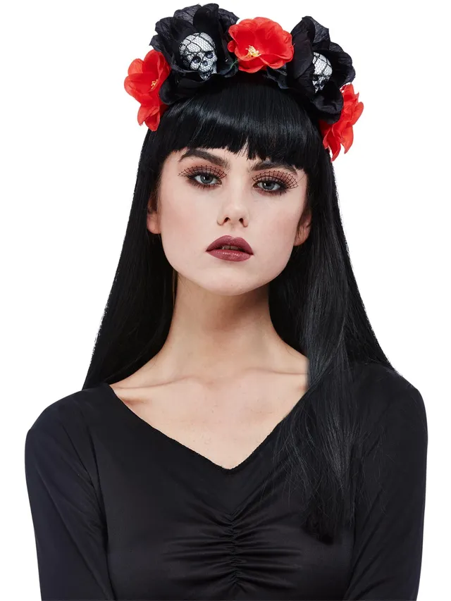 smiffys-fever-totenkopf-haarreif-rosen-schwarz-rot-damen image 1