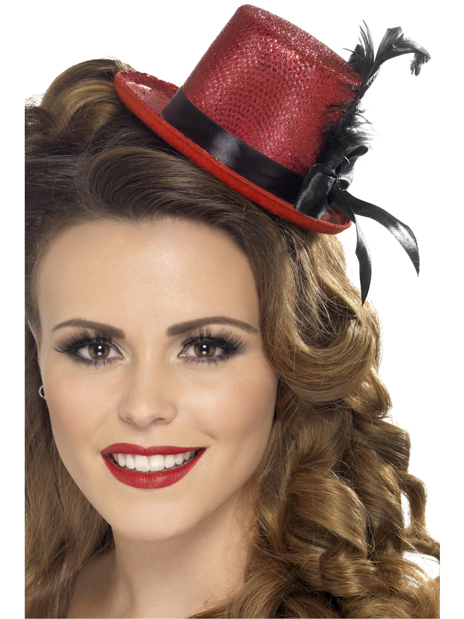 smiffys-fever-mini-tophat-zylinderhut-rot-glitzer-feder image 1