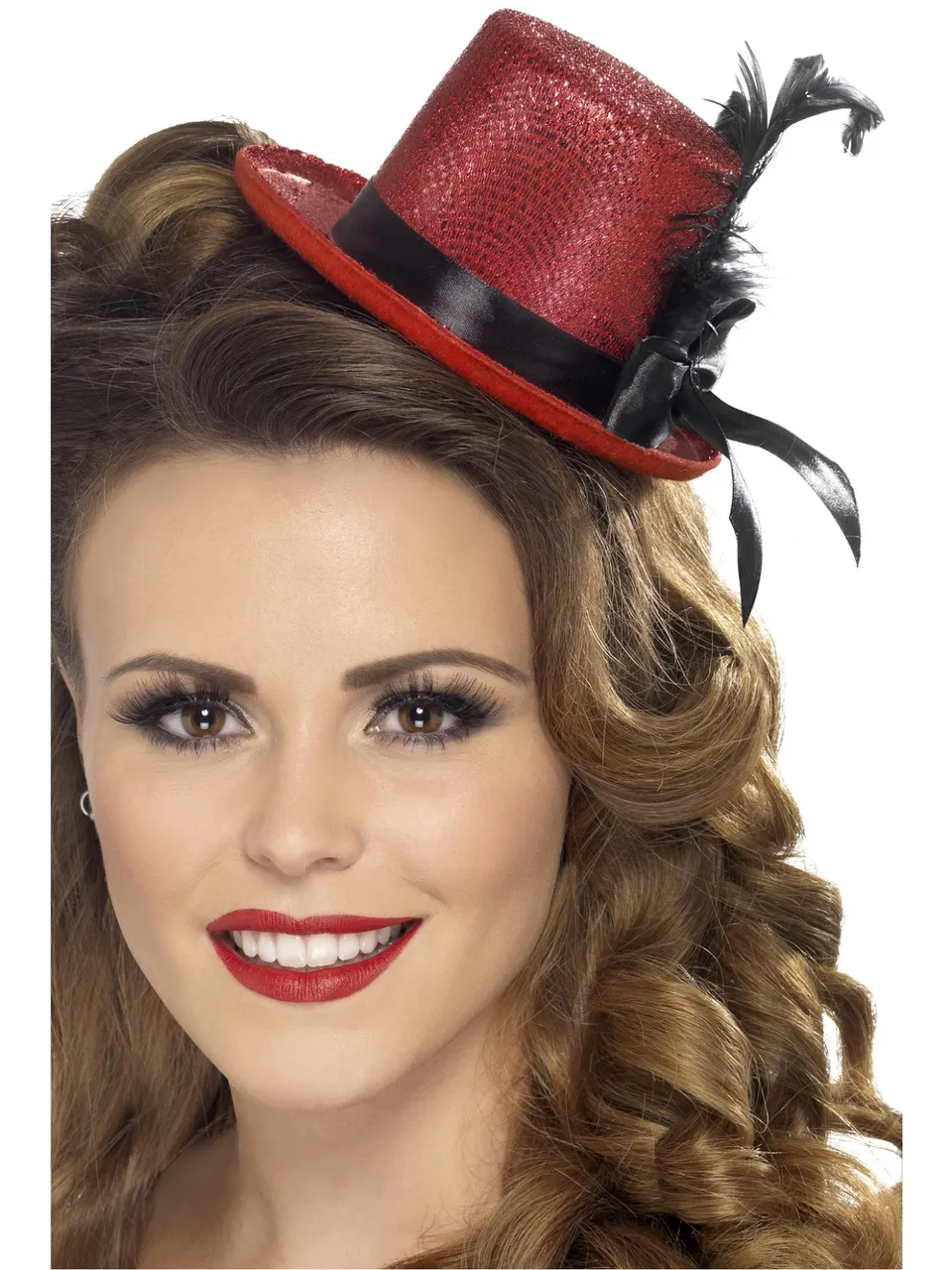 smiffys-fever-mini-tophat-zylinderhut-rot-glitzer-feder image 1