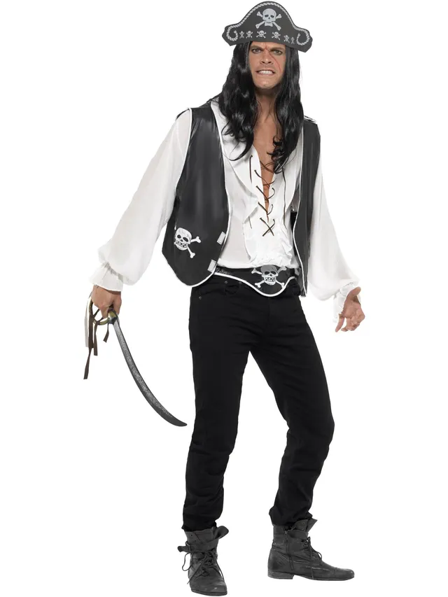 smiffys-fever-pirat-set-herren-schwarz-wei-hut-weste-g-rtel image 1