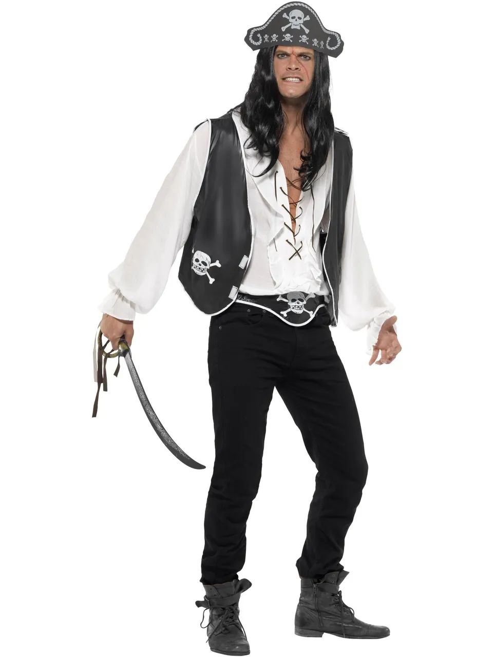 smiffys-fever-pirat-set-herren-schwarz-wei-hut-weste-g-rtel image 1