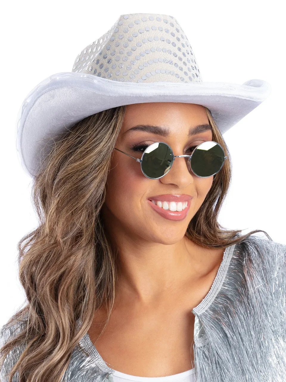 smiffys-fever-led-cowboyhut-pailletten-silber-mit-licht image 1