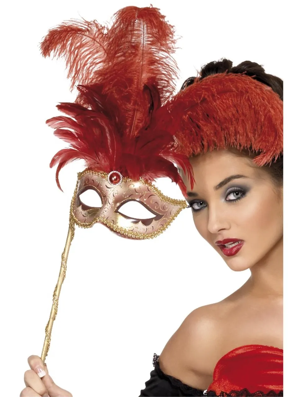 smiffys-fever-baroque-fantasy-augenmaske-rot-gold-mit-federn image 1