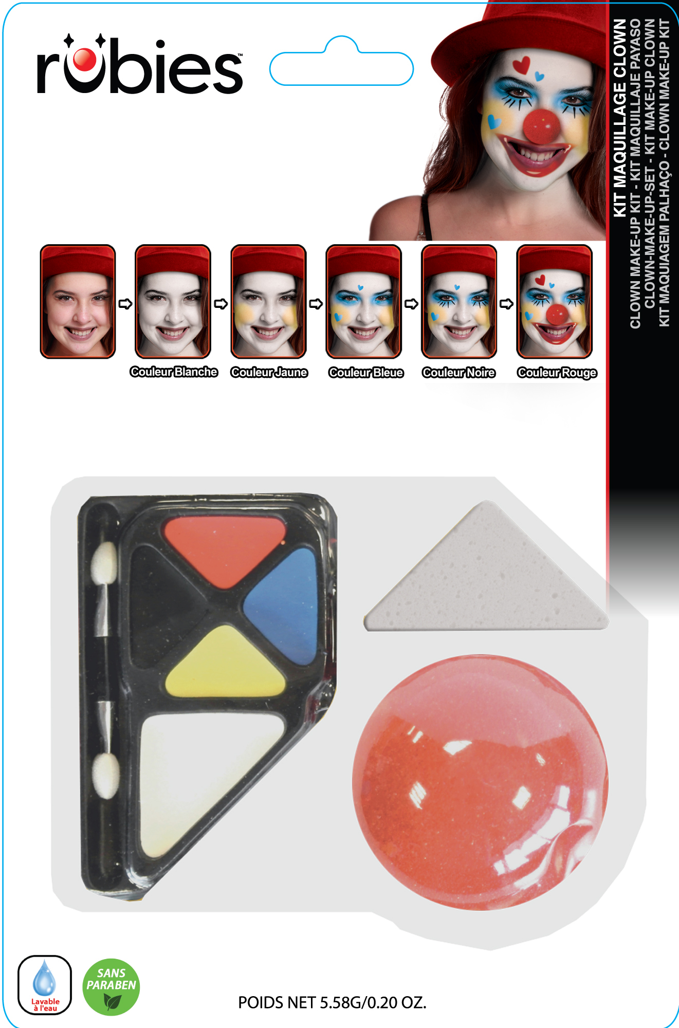rubies-clown-schminkset-5-farben-pinsel-rote-nase image 3