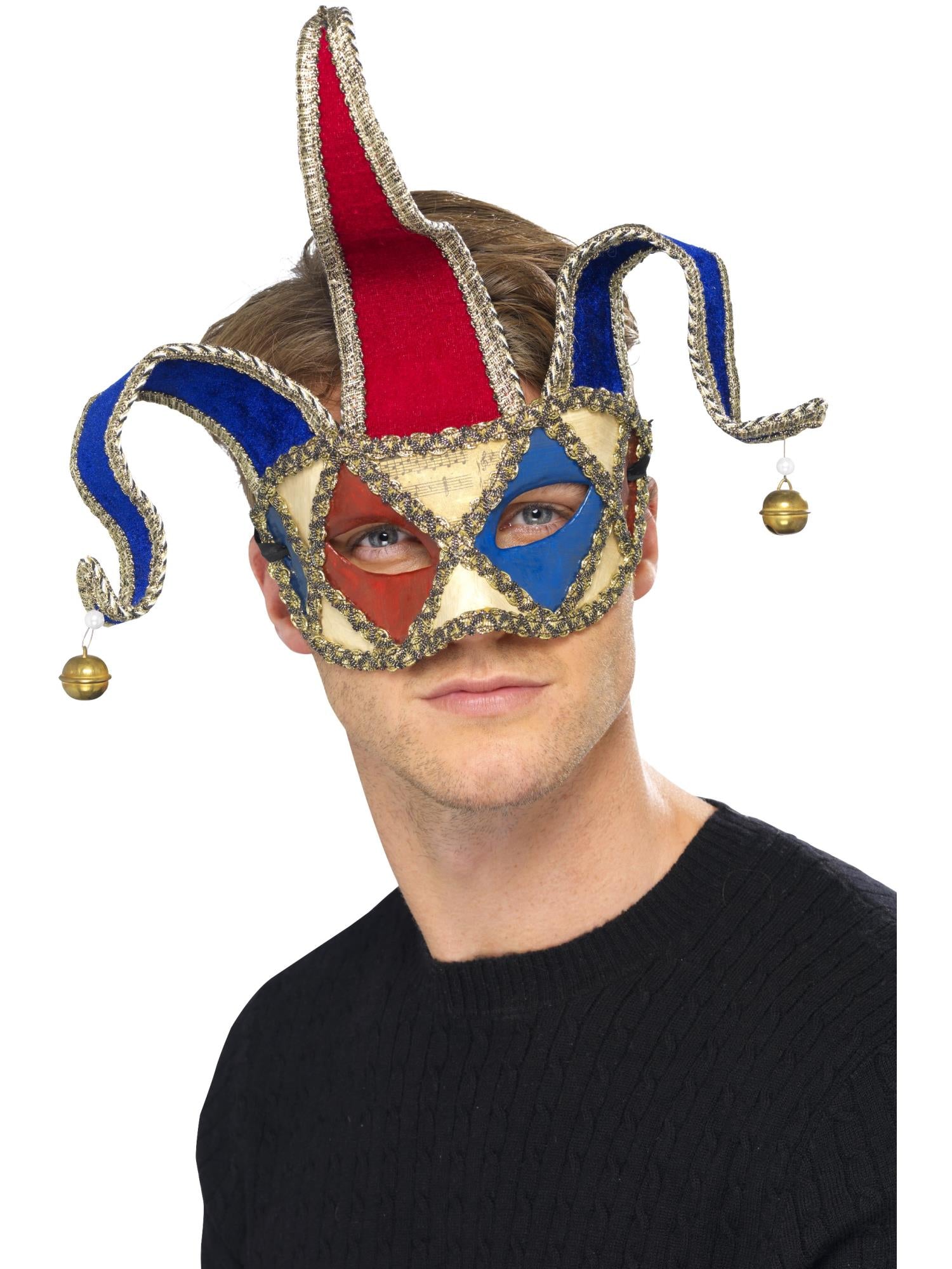 smiffys-fever-venetian-jester-augenmaske-rot-blau-glocken image 1