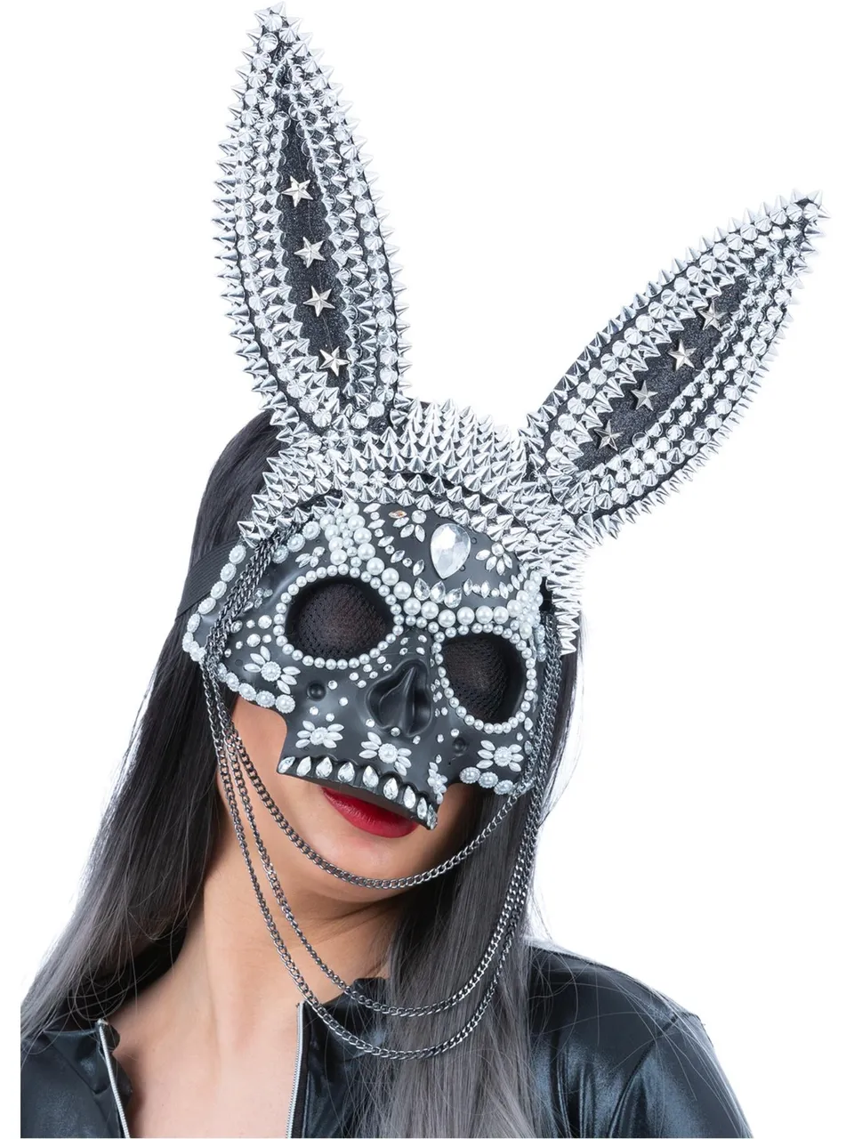 smiffys-fever-jewelled-skeleton-bunny-maske-schwarz-silber image 1