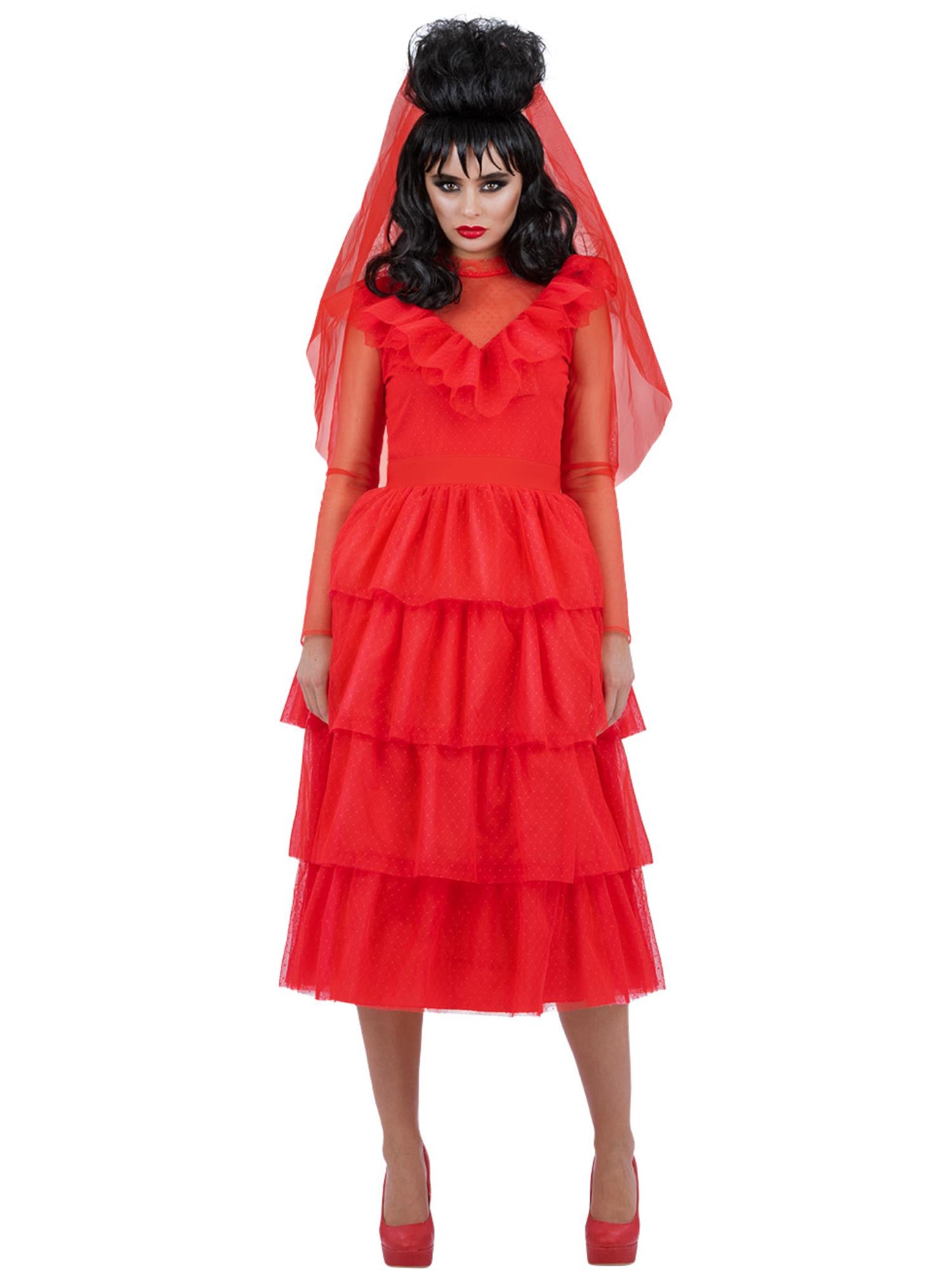 smiffys-fever-beetlejuice-lydia-brautkleid-rot-damen-mit-schleier image 1
