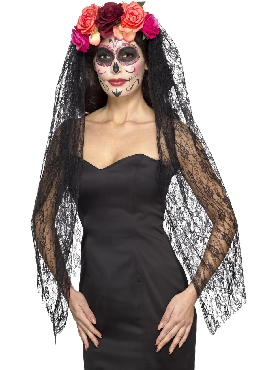 smiffys-fever-day-of-the-dead-haarreif-rot-schwarz-schleier image 1