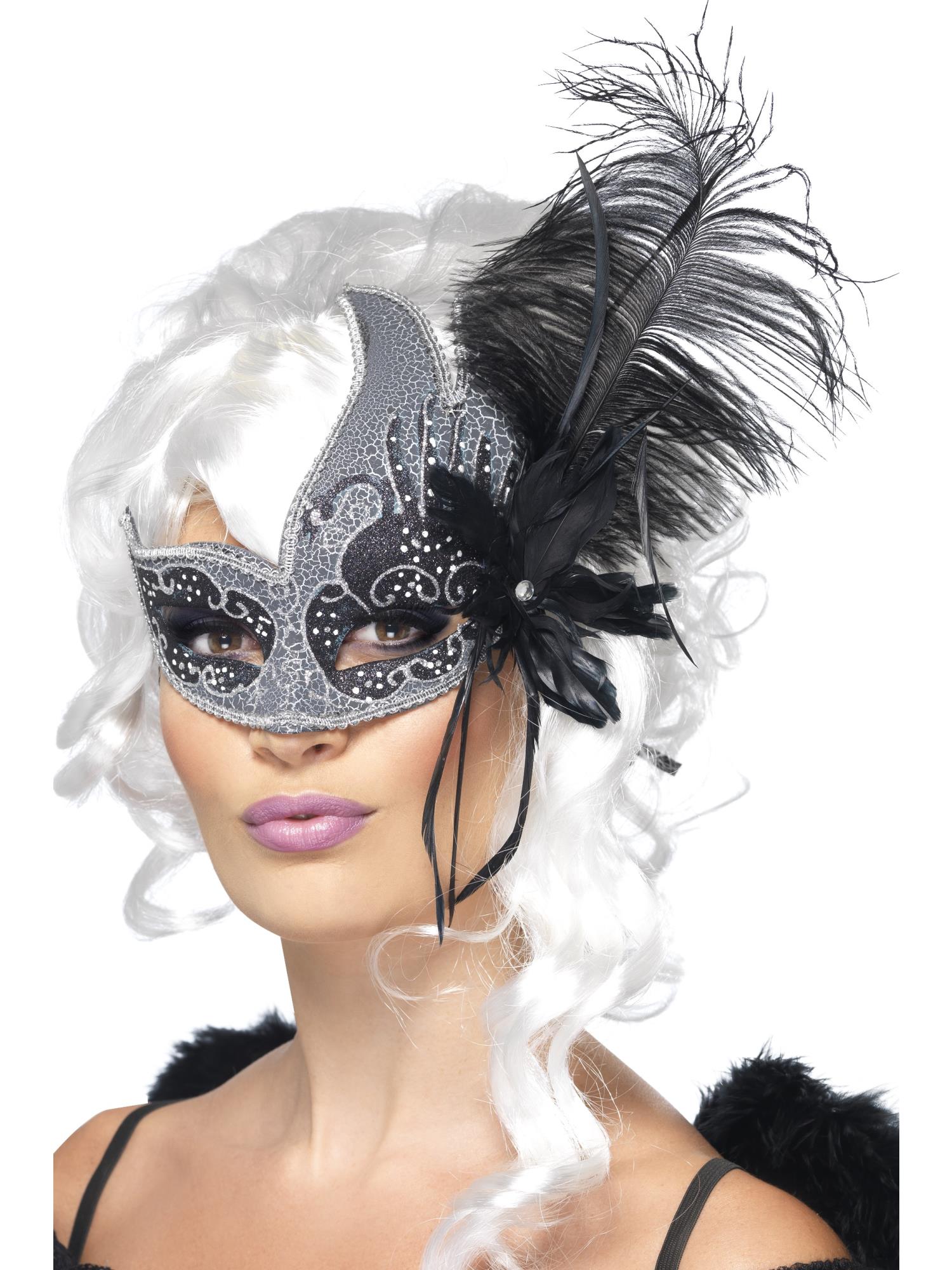 smiffys-fever-dark-angel-augenmaske-silber-schwarz-feder image 1