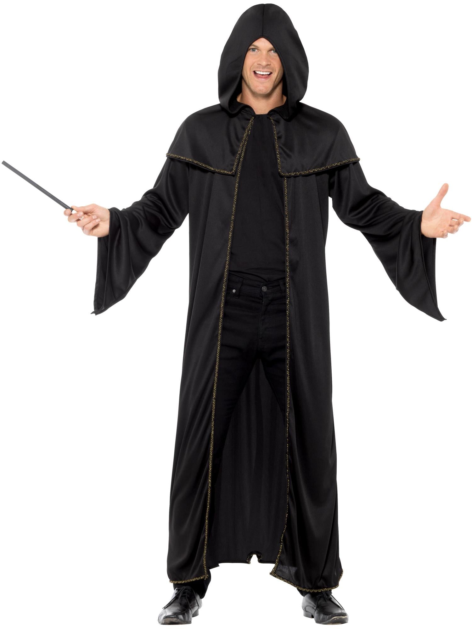 smiffys-fever-wizard-umhang-schwarz-gold-mit-kapuze image 1