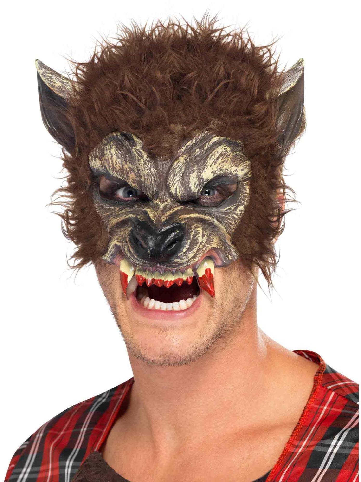 smiffys-fever-werwolf-halbmaske-latex-braun-mit-fell-z-hnen image 1