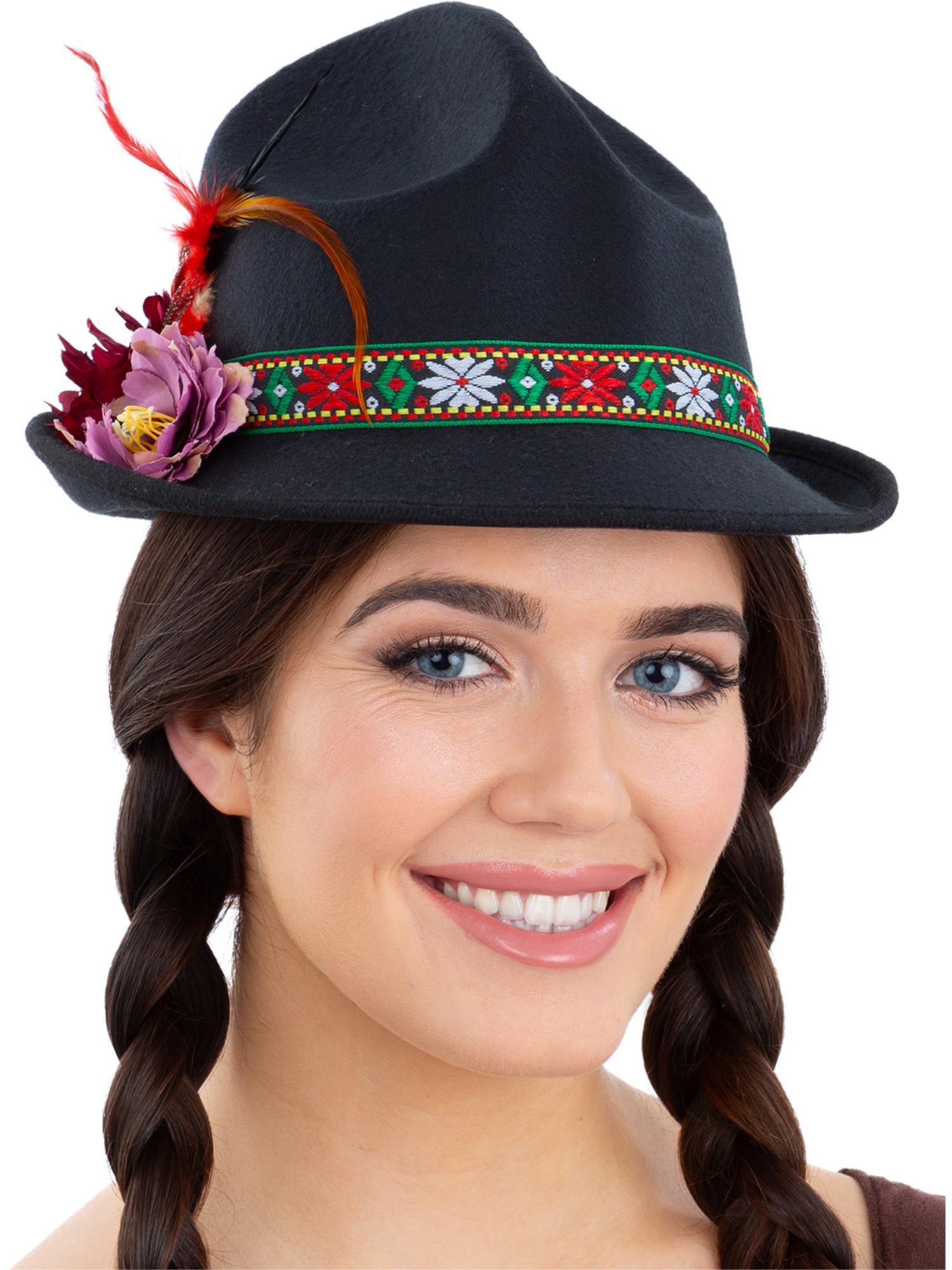 smiffys-fever-trenker-hut-schwarz-mit-federn-blumen image 1