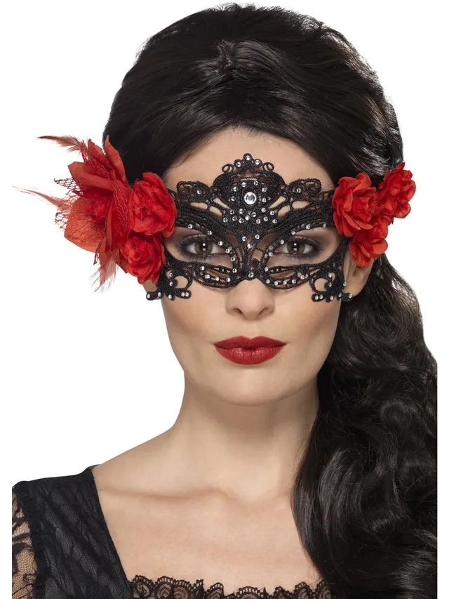 smiffys-fever-day-of-the-dead-augenmaske-spitze-schwarz-rot image 1