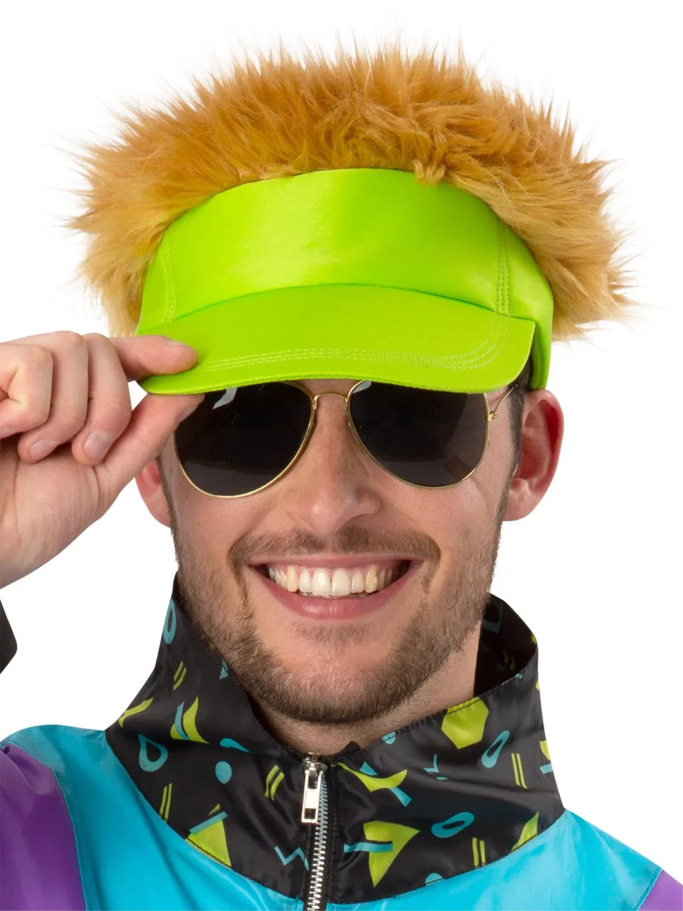 smiffys-fever-80s-visor-hut-neongr-n-mit-dunkelblonden-haaren image 1