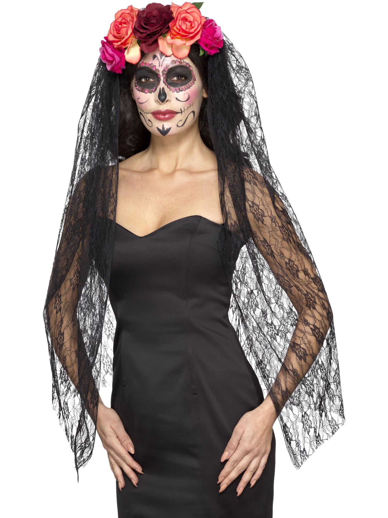 smiffys-fever-day-of-the-dead-haarreif-rot-schwarz-schleier image 1