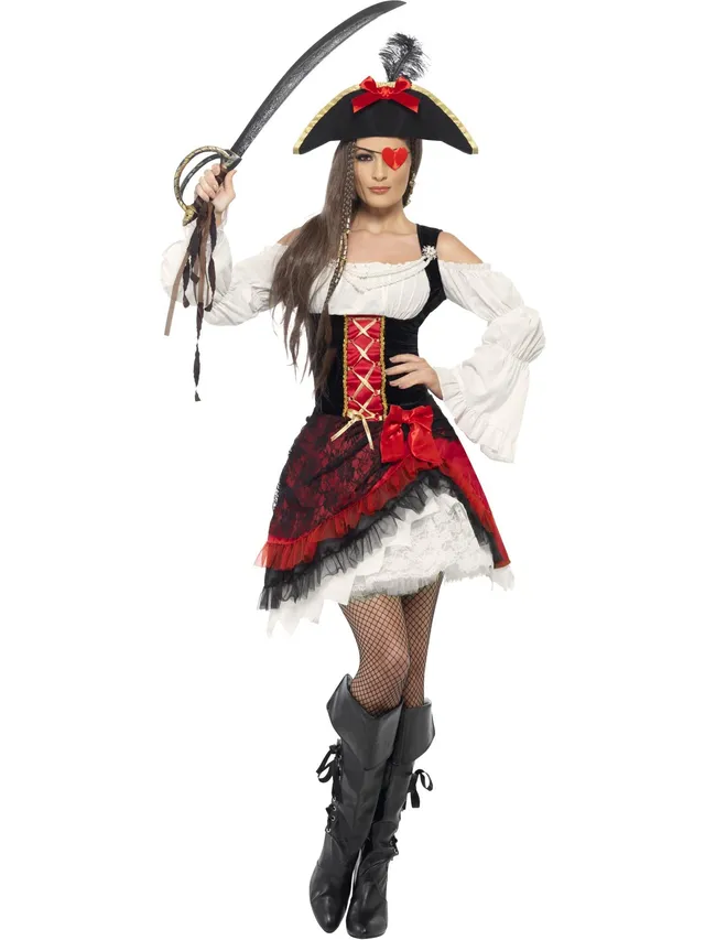 smiffys-fever-lady-pirate-kost-m-rot-kleid-hut-piratin image 1