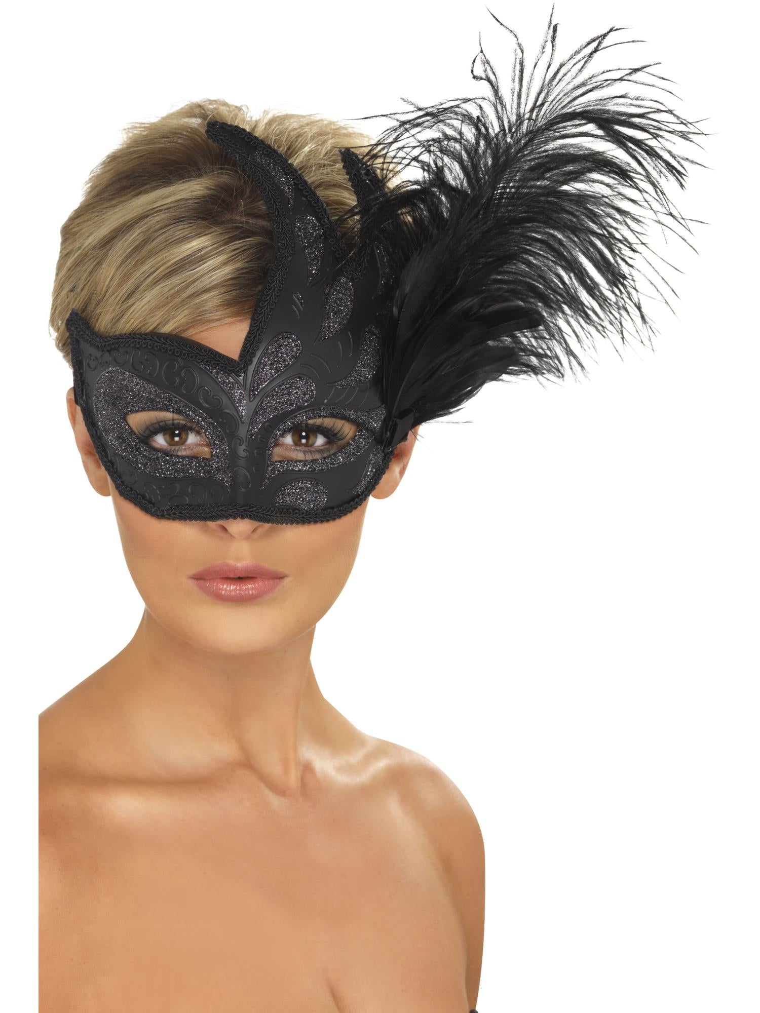 smiffys-fever-ornate-colombina-federmaske-schwarz-glitzer image 1