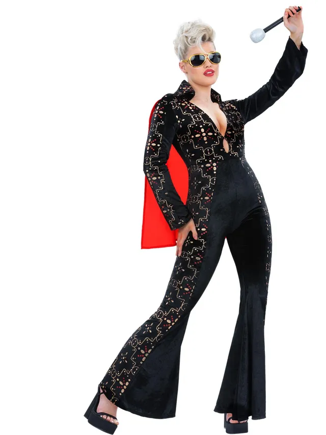 smiffys-fever-elvis-jumpsuit-damen-schwarz-mit-cape-strass image 1