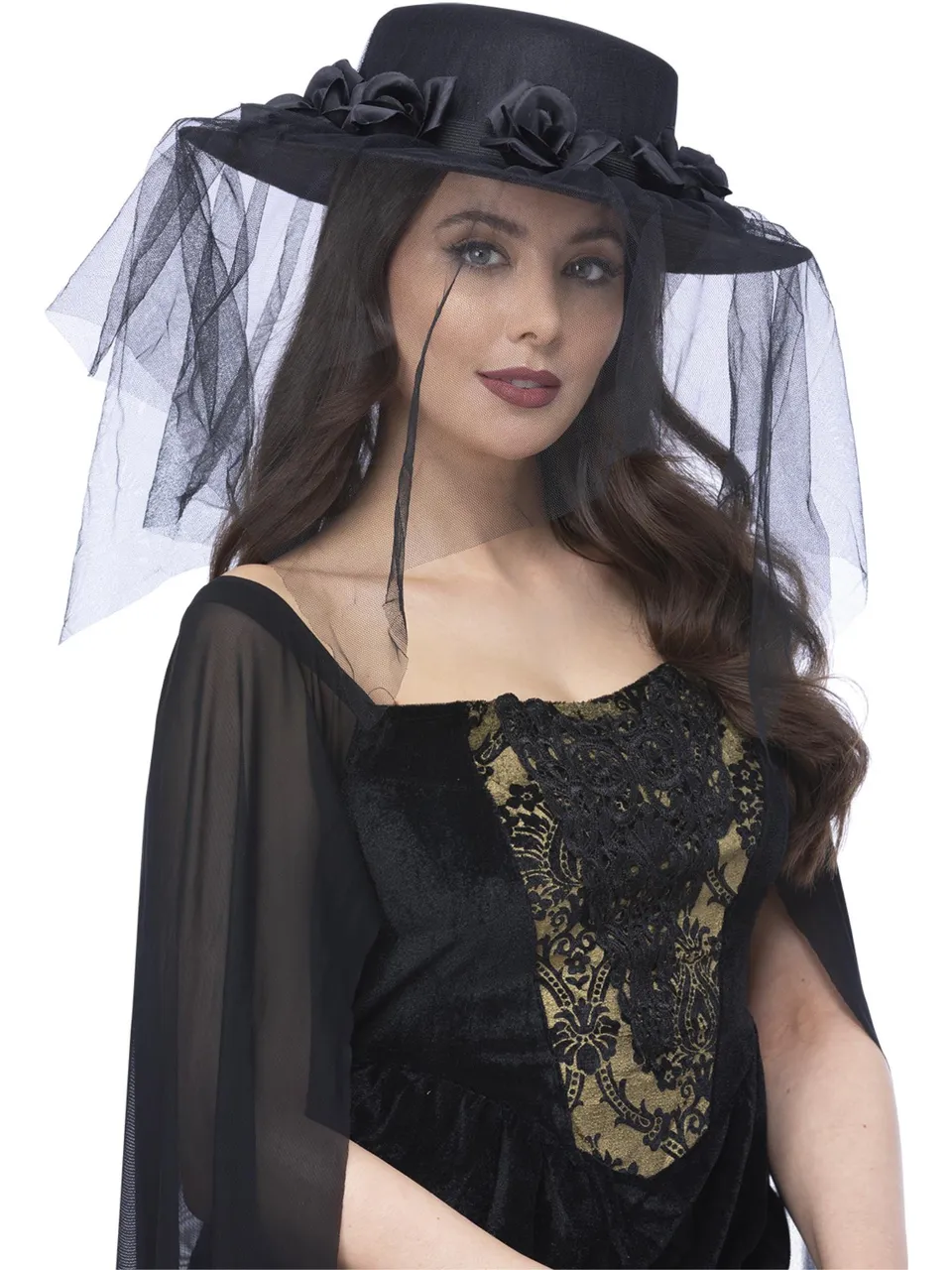 smiffys-fever-gothic-black-widow-trauerhut-schwarz-mit-schleier image 1